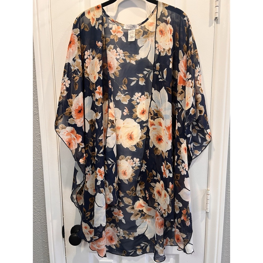 Emory Park Women's Floral Kimono Cover Up Size 1XL, Short Sleeve, Navy & Orange